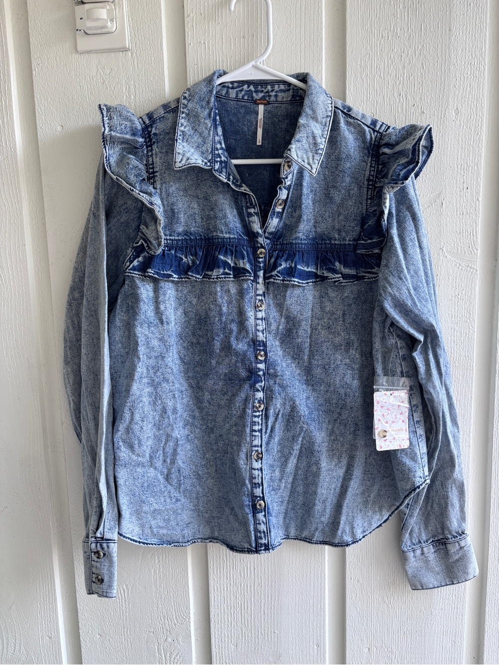 Free People Indigo Blue Acid Wash Denim Shirt